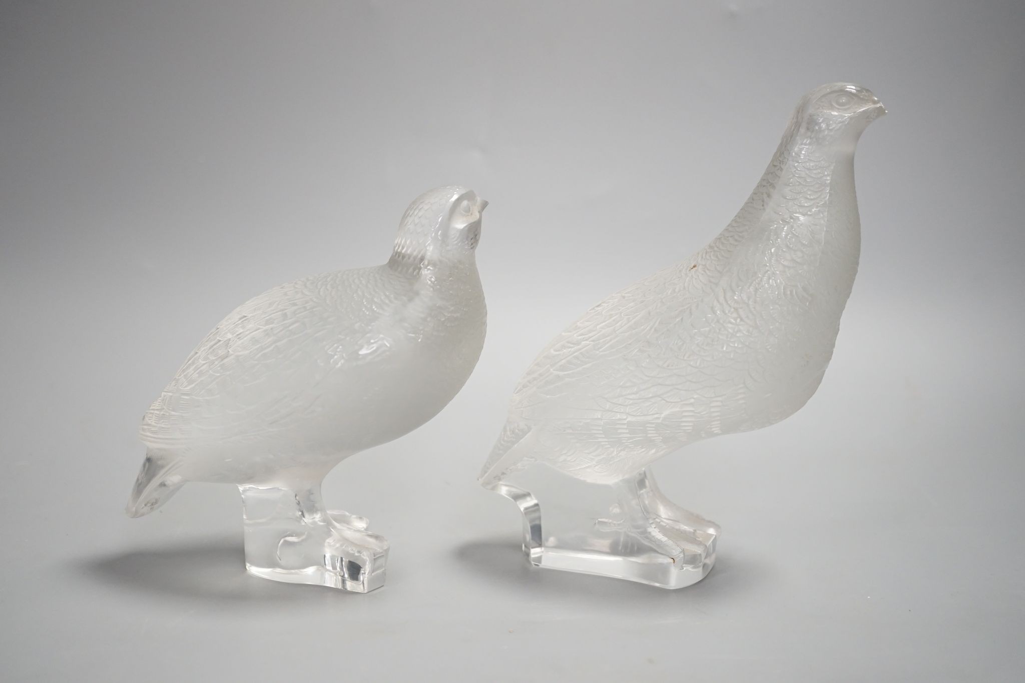 A pair Lalique glass partridges, Tallest 17 cms high.